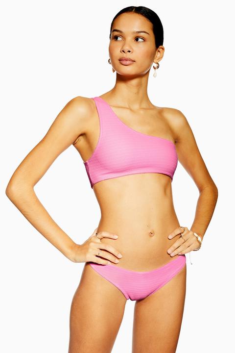 Womens Pink High Leg Crinkle Bikini Bottoms - Pink, Pink