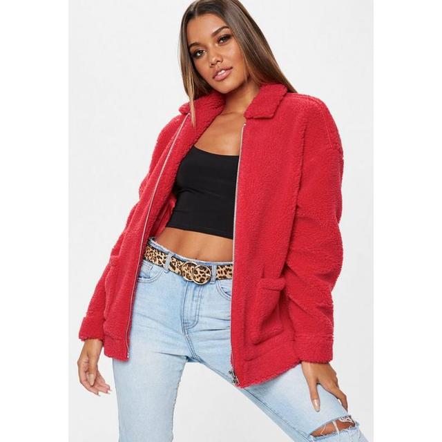 grey oversized borg zip through teddy jacket