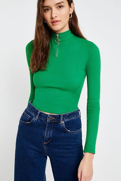 Uo Ribbed Half-zip Funnel Neck Top