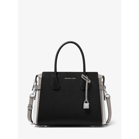 Mkbolso Satchel Mercer Mediano Tricolor De Piel Granulada Con Tiras Decorativas - Gris Pálido/blanco Intenso/negro(gris) - Michael Kors
