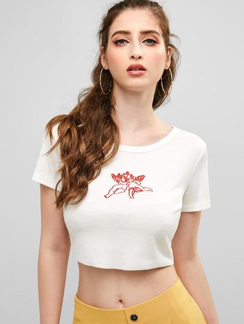 T-shirt Con Ricamo Angel Zaful White