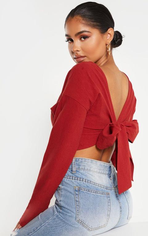 Petite Burgundy Tie Back Cropped Blouse