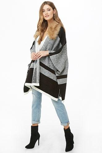 Forever 21 Faux Fur Patternblock Poncho , Black/cream