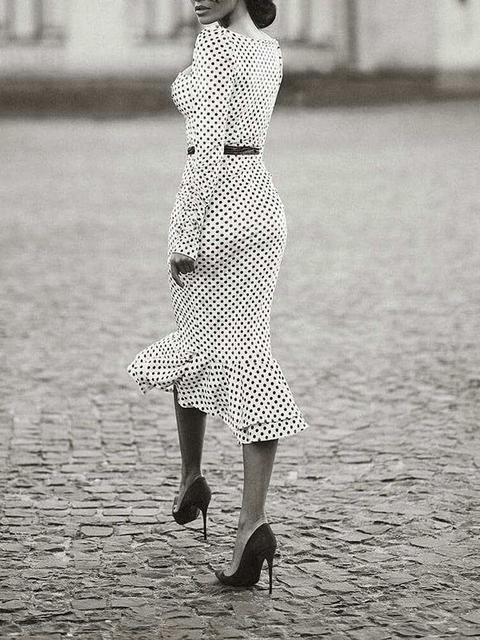 Maxi Dress A Pois Modello Scollo Quadrato Manica Lunga Elegante Sirena Bianco
