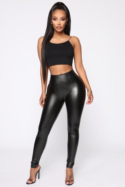 Faux Leather Tummy Tuck Leggings - Black