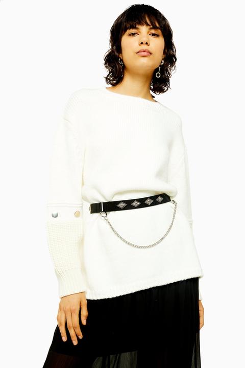 Womens Idol Knitted Popper Sleeve Longline Jumper - Ivory, Ivory