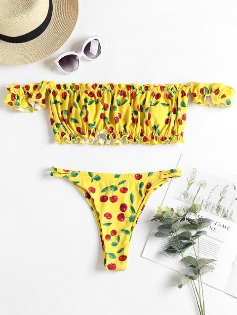 Bikini Stampato Ciliegia Con Volant A Spalle Scoperte Yellow