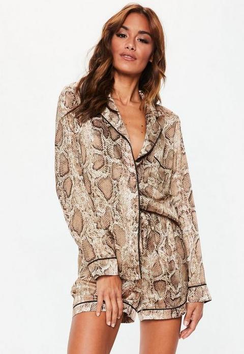 Brown Snake Print Satin Long Sleeve Pyjama Set, Brown