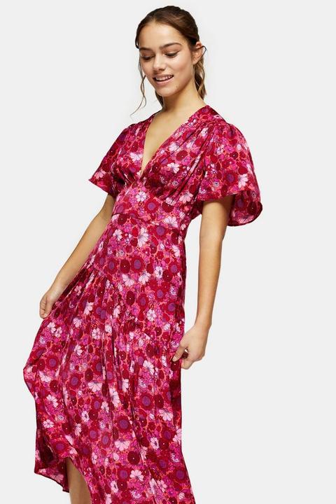 Petite Willow Pink Floral Print Angel Sleeve Midi Dress