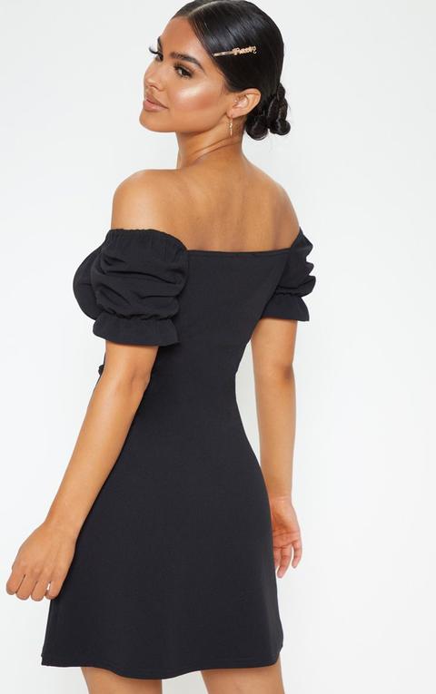 black puff sleeve bardot dress