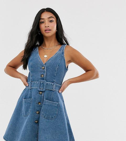 Asos Design Petite Denim Skater Button Through Dress With Belt In Blue