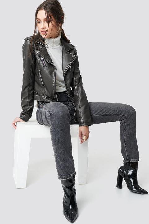 Pu Leather Distressed Biker Jacket Schwarz