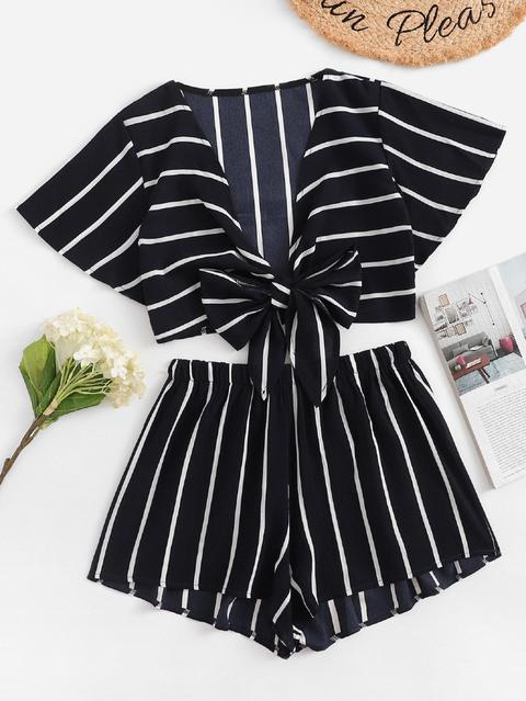 Striped Knot Front Two-piece Outfit