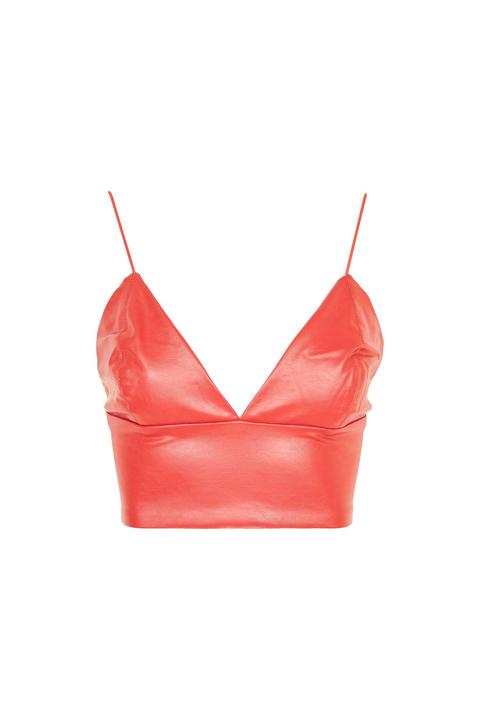 Cat Red Faux Leather Crop Top, Red Leather Top