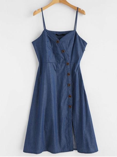 Chambray Buttoned Cami Midi Dress Blue