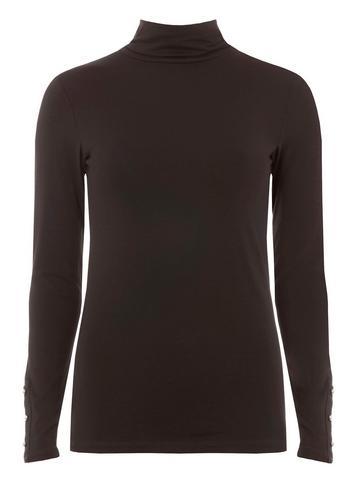 Womens Black Buttoned Turtle Neck Top- Black, Black