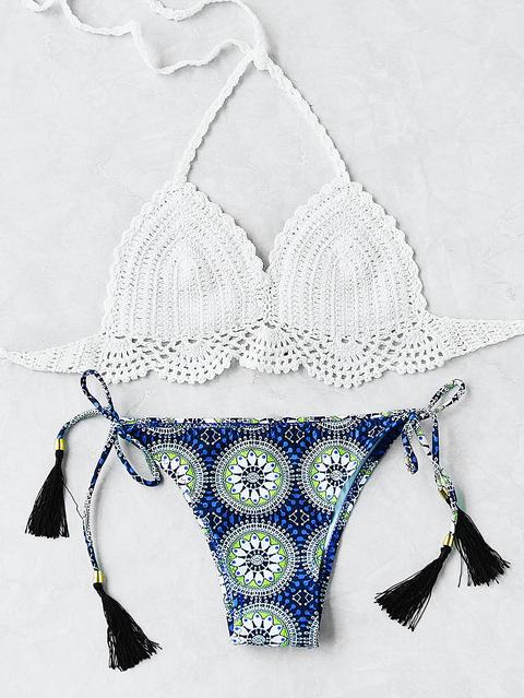 Sets De Bikini De Croché De Cordón Con Fleco Con Estampado