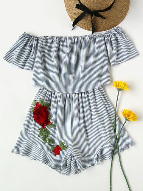 Bardot Rose Applique Stripe Layered Frill Hem Romper
