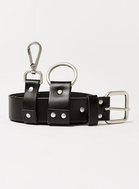 Mens Black Leather Belt With Silver Keychain, Black