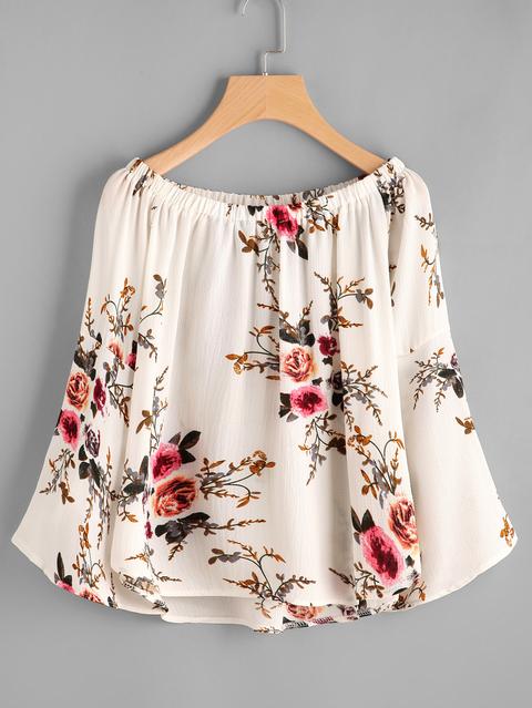 Boat Neckline Floral Print Dip Hem Top