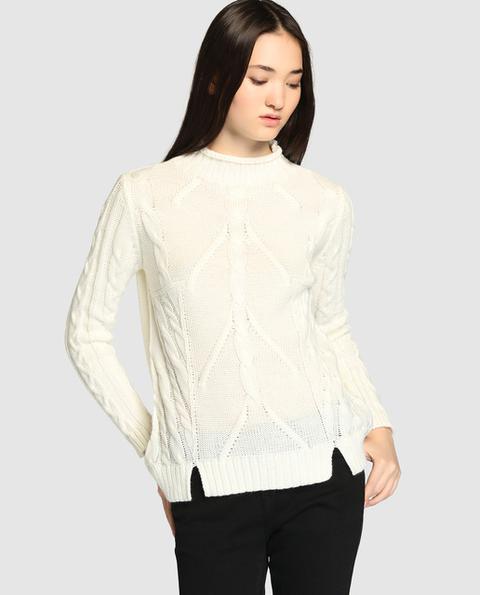 Jersey De Mujer Con Ochos Y Cuello Chimenea Blanco