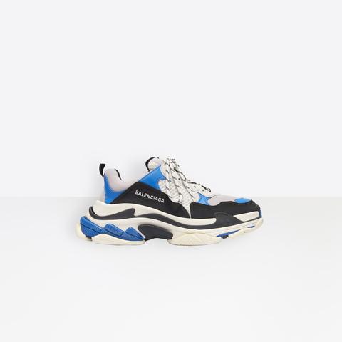 Triple S Sneaker In Black, Blue And White Calfskin, Lambskin And Mesh