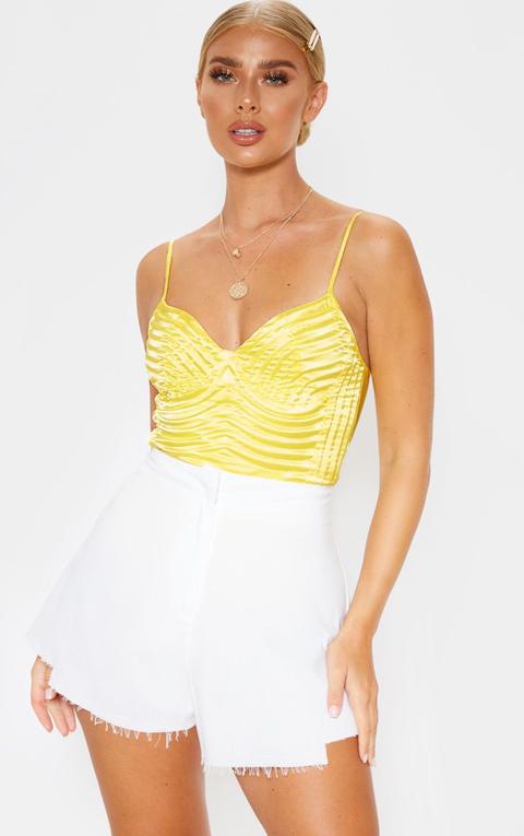 Yellow Satin Quilt Detail Strappy Bodysuit, Yellow