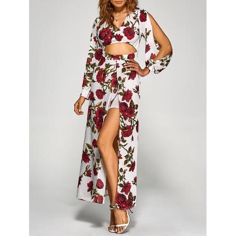 Floral Slit Sleeve Cut Out Long Dress