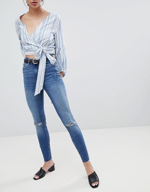 Pieces - Five Delly - Jeans Skinny Vita Alta Con Strappi Alle Ginocchia - Blu