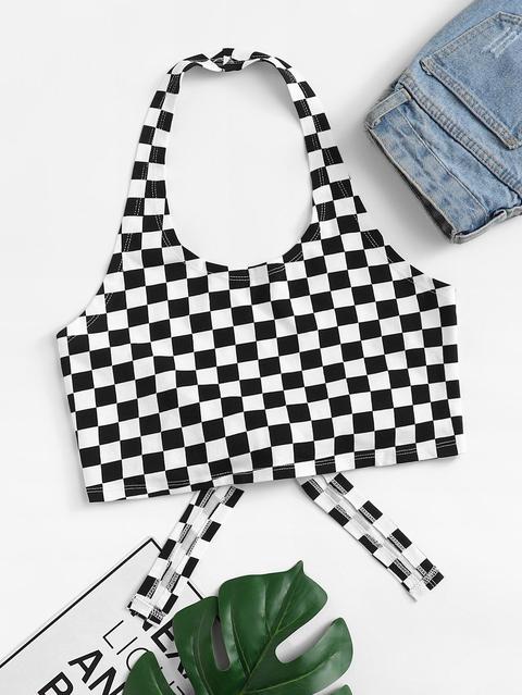 Knot Back Gingham Halter Crop Top