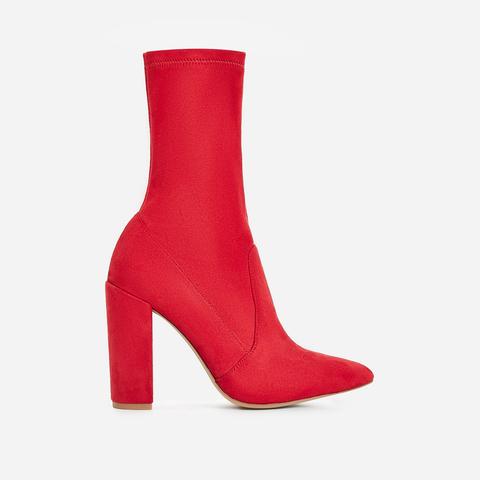 Stephanie Block Heel Ankle Sock Boot In Red Faux Suede, Red