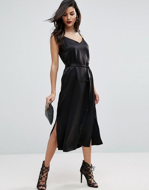 Asos - Vestito Mi Di A Sottoveste In Raso Con Nodo In Vita - Nero