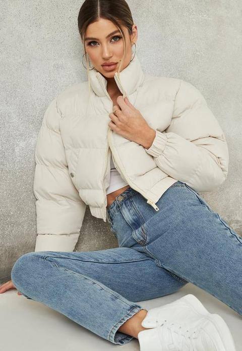 Stone Zip Front Cropped Puffer Jacket, Cream