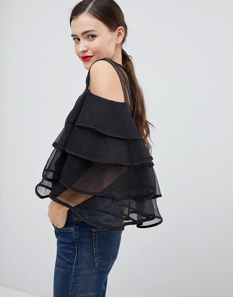 Prettylittlething - Blusa In Organza Con Maniche Con Volant E Inserto A Rete - Nero