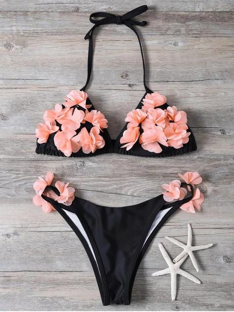 Traje De Bikini De Halter Con Flor En Estéreo