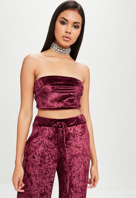 Carli Bybel X Missguided Burgundy Crushed Velvet Bandeau Top