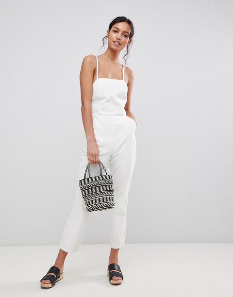 Asos Design - Tuta Jumpsuit Di Jeans Bianca Allacciata Al Collo - Bianco