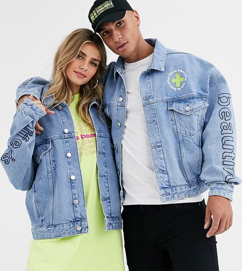 Life Is Beautiful - Veste En Jean Unisexe Oversize Avec Imprimé Sur L'ensemble-bleu