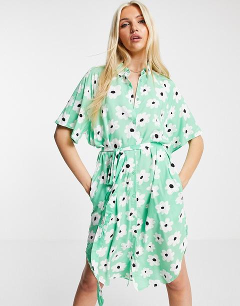 Vestido Camisero Midi Verde Con Estampado Floral De Ecovero Mimmi De Monki