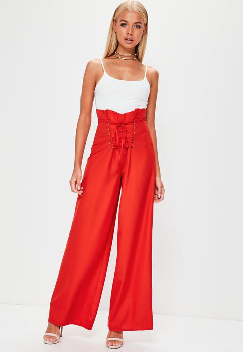 Premium Red Lace Up Corset Waist Wide Leg Trousers