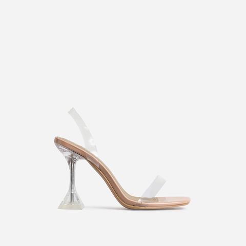 Flavia Square Toe Sling Back Sculptured Perspex Clear Heel Mule In Nude Patent, Nude