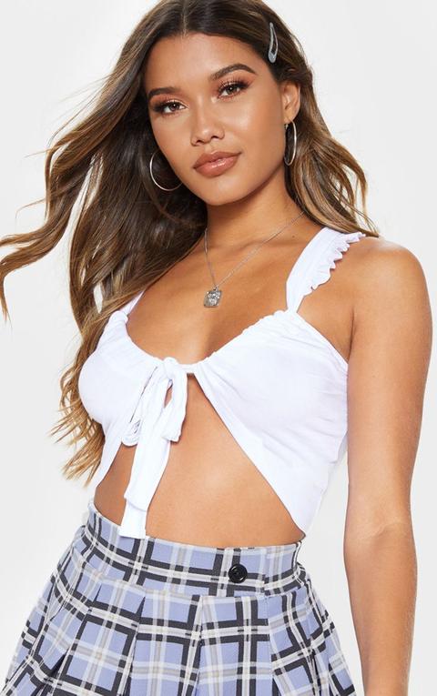 White Jersey Frill Detail Tie Front Crop Top