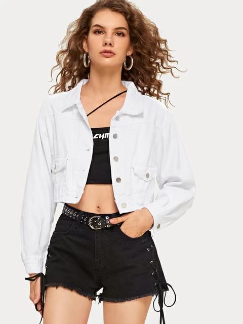 Cazadora Denim Corta Con Bolsillo Delantero Con Botón Con Lavado Blanco