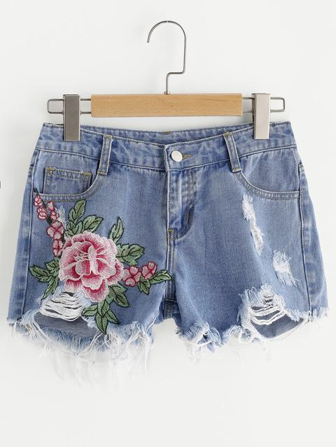 Flower Embroidered Destroyed Denim Shorts