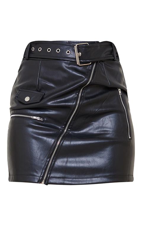Black Faux Leather Biker Belted Mini Skirt