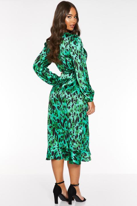 green satin leopard print dress