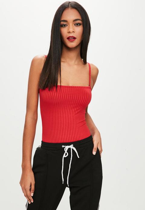 Red Straight Ribbed Bodysuit, Red