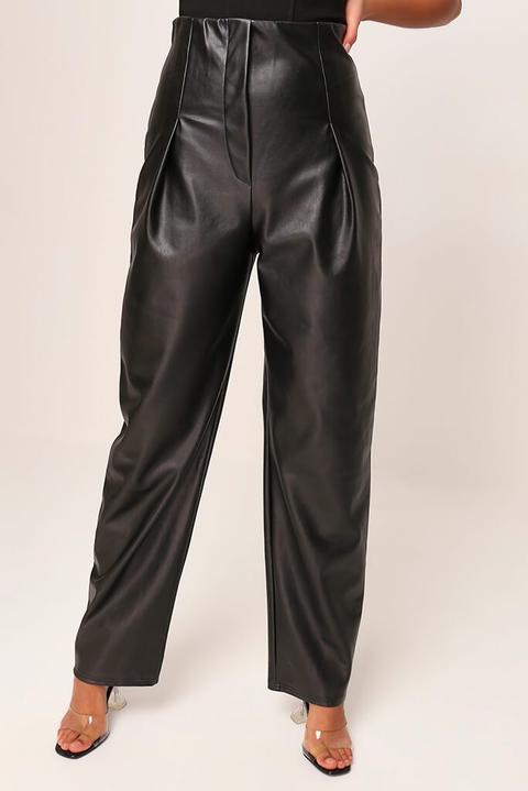 Black Faux Leather Pleated Front Straight Leg Trousers