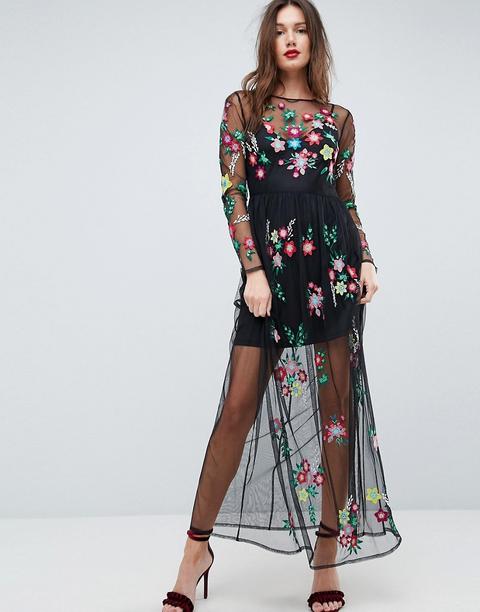 Vestido Maxi De Malla Con Bordado De Flores De Asos Premium