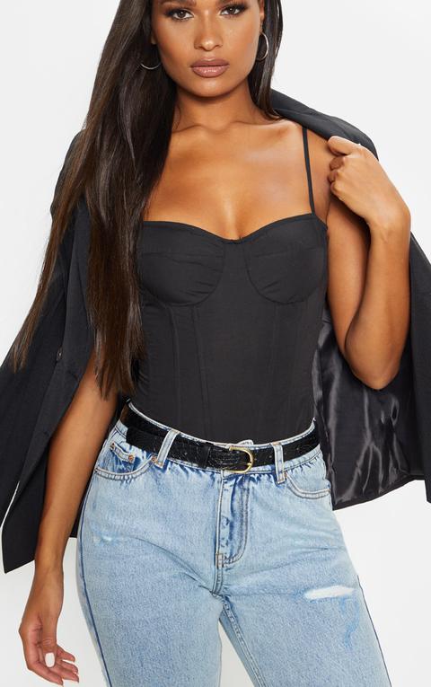 Black Basic Croc Effect Skinny Belt